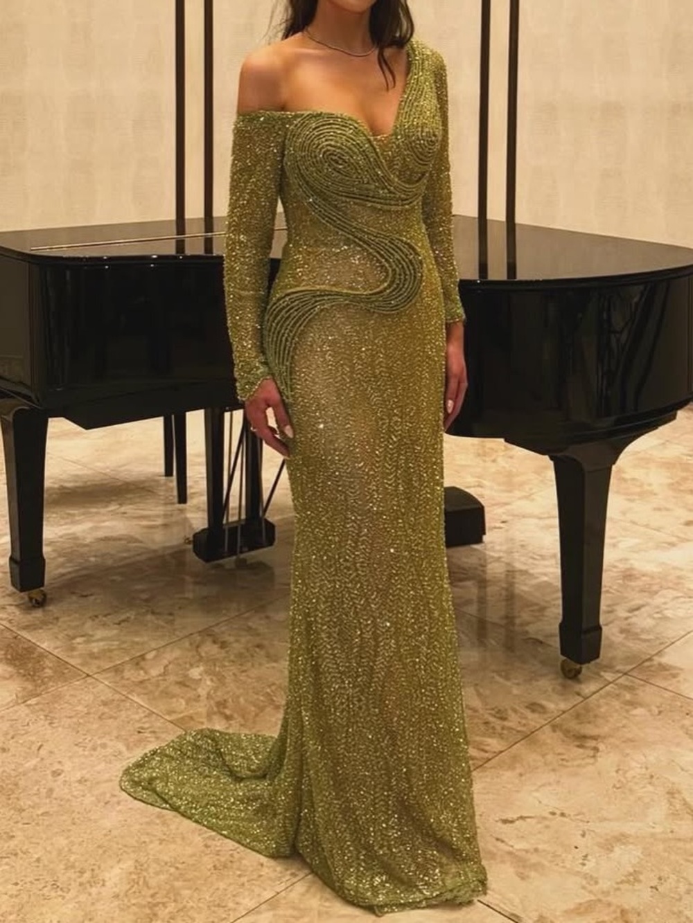 One-Shoulder Olive Green Beaded Evening Gown